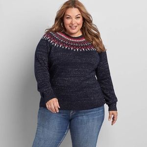 Lane Bryant Fair Isle Sweater Womens Size 18 20 Navy & Pink Sparkle Nordic Wool